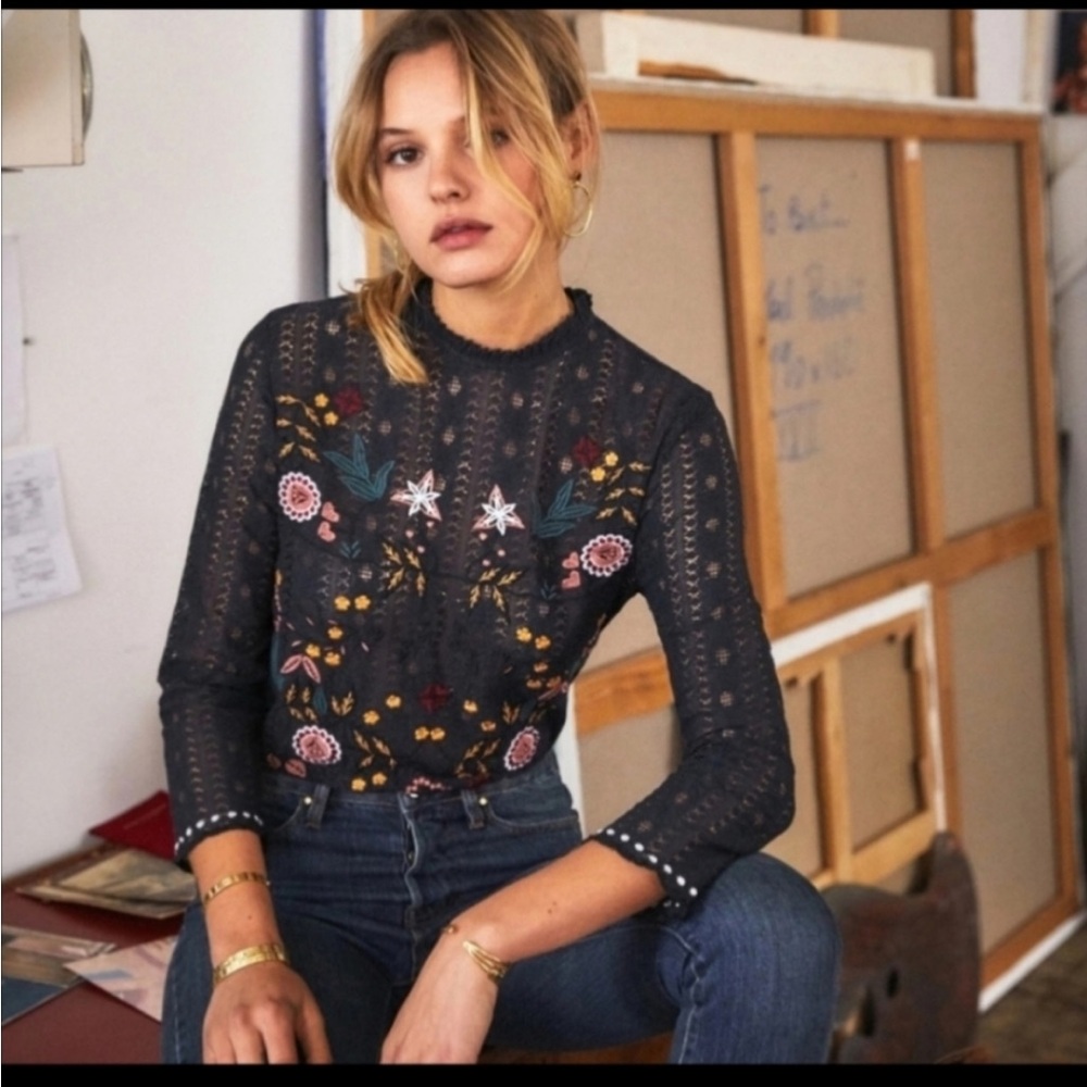 RARE Sezane Garance embroidered lace blouse FR36/S
